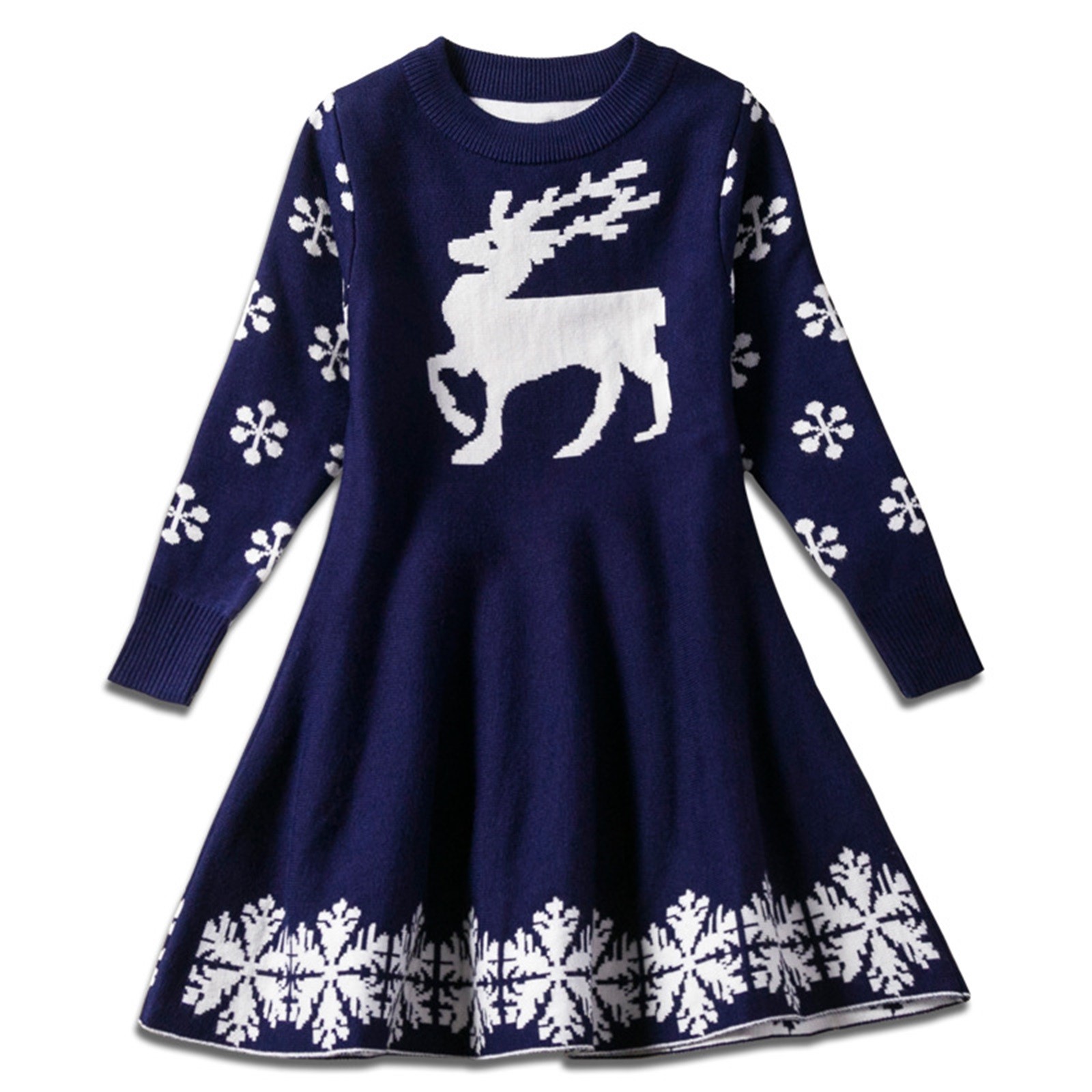 Baby Girls Knitted Outwear Little Girls Christmas Dress Reindeer Snowflake Xmas Gifts Winter Long Sleeve Knit Sweater Dresses(Blue,7-8 Years)